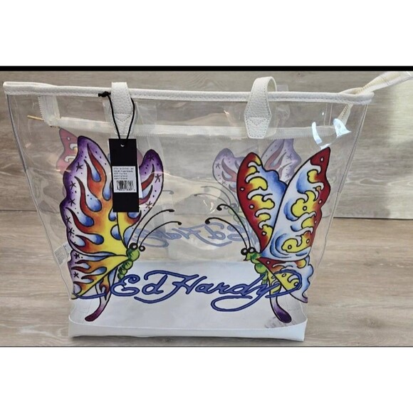 Ed Hardy Bag PURPLE BUTTERFLY Shoulder Purse Large Tote Clear NWT (MSRP: $159) - Picture 2 of 10